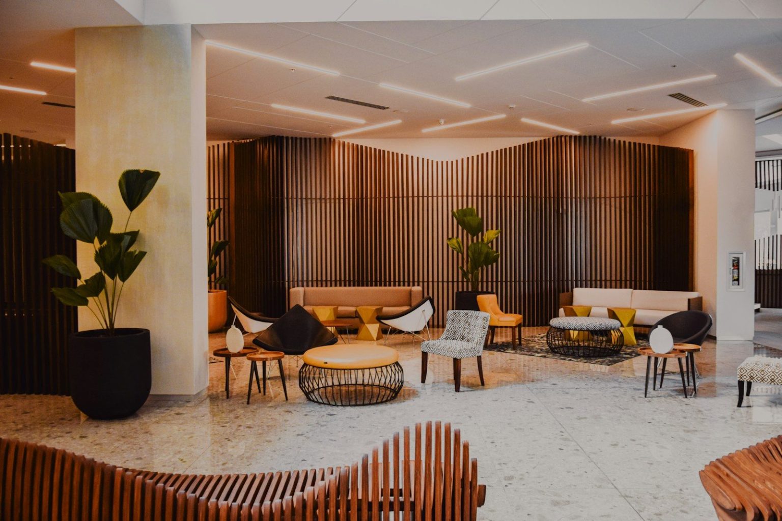 Photo by Frames For Your Heart modern hotel lobby with designer furniture and wood walls